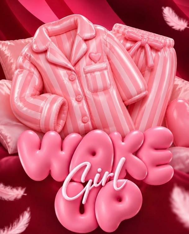 Wake Up Girl: pijama rosada inflada y letras rosadas en 3D sobre satén vino tinto